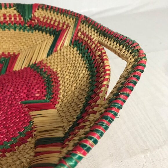 Handwoven Basket Woven Grass Red Green Beige Natural Dye Loop Handles 12" - Picture 4 of 7
